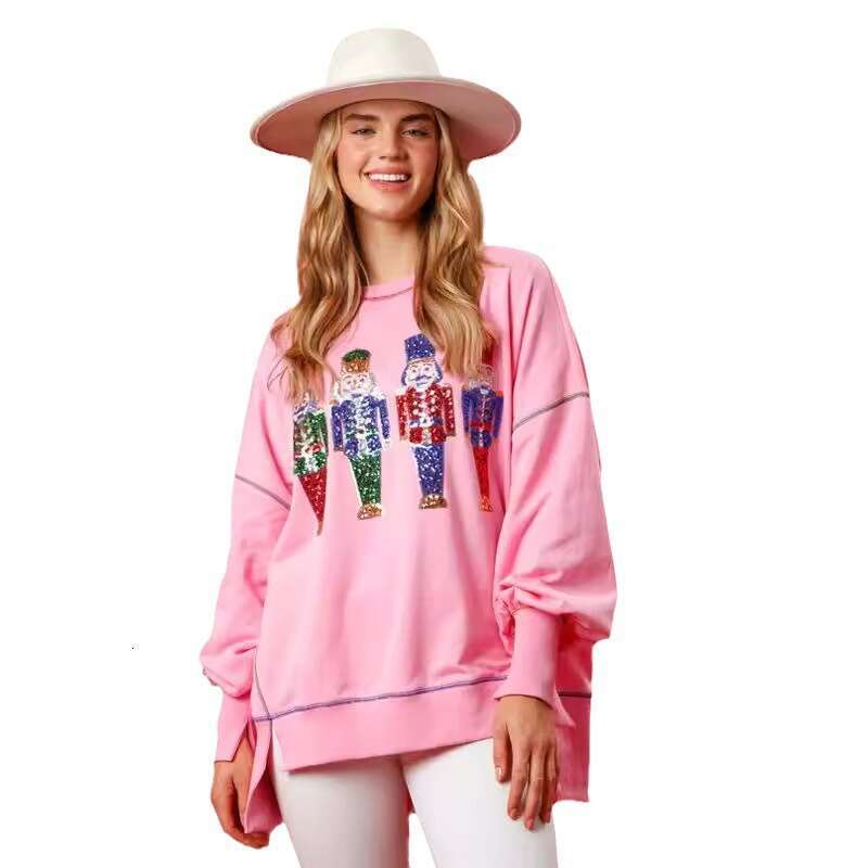 New European And American Women's Christmas Sweet Sequin Thick Versatile Top Long Sleeved Sweatshirt B3