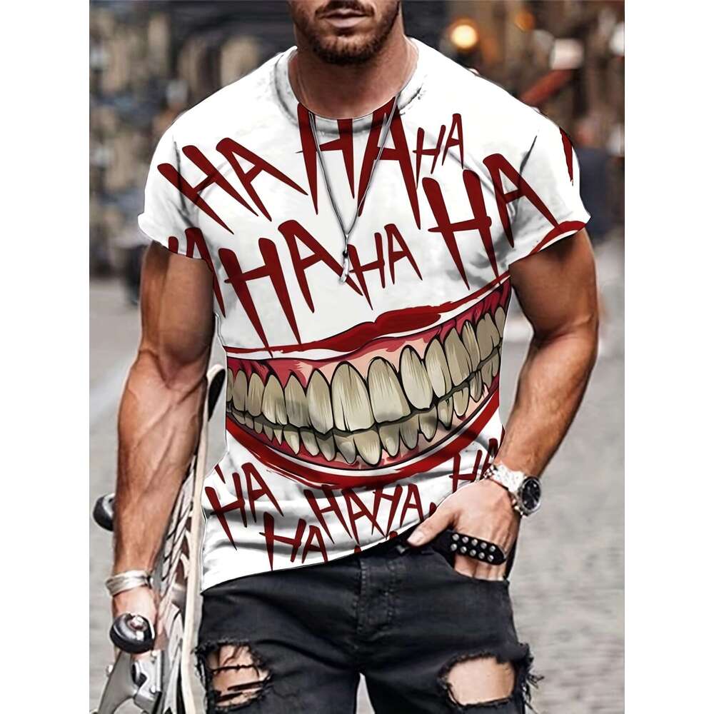 Haha letters big mouth pattern, novel and interesting round neck T-shirt, men's clothing