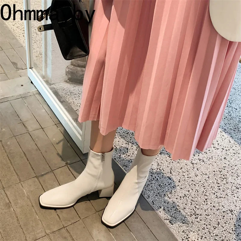 High quality soft PU leather womens ankle boots square toe square heel short boots autumn winter womens shoes Chelsea boots 241206