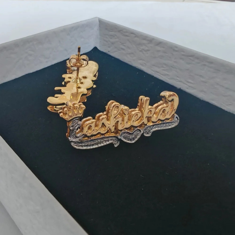 LeeChee Crown Double Layer Custom Name Earstuds Two Tone 3D Nameplate Earrings Jewelry For Women Men Gift 241209