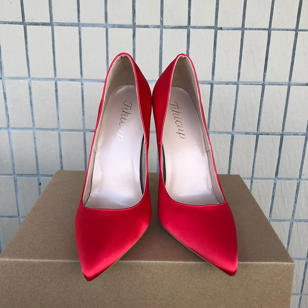 Tikicup Women Red Satin Pointed Toe Pumps Slip On Stilettos Comfortable Ladies Silk High Heels Wedding Party Dress Shoes 241209