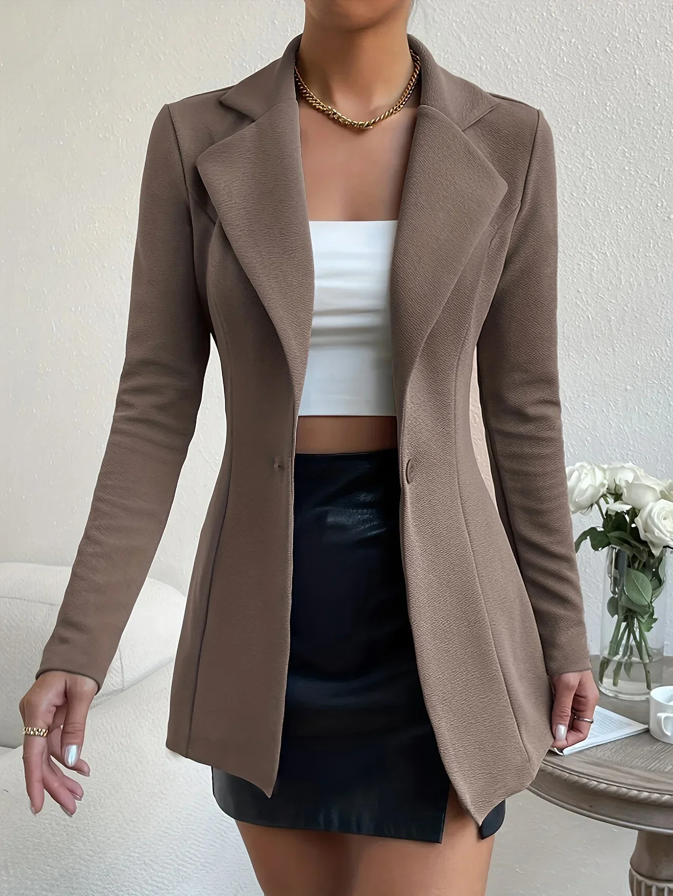 Solid Button Front Blazer Elegant Long Sleeve Slim Blazer For Office Work Womens Clothing 241209