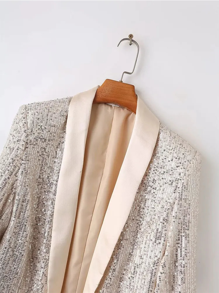 TRAF 2024 Women Coat Shiny Sequin Long Sleeve Cardigan Open Stitch Long Sleeve Club Spring Autumn Blazer Jacket 241209