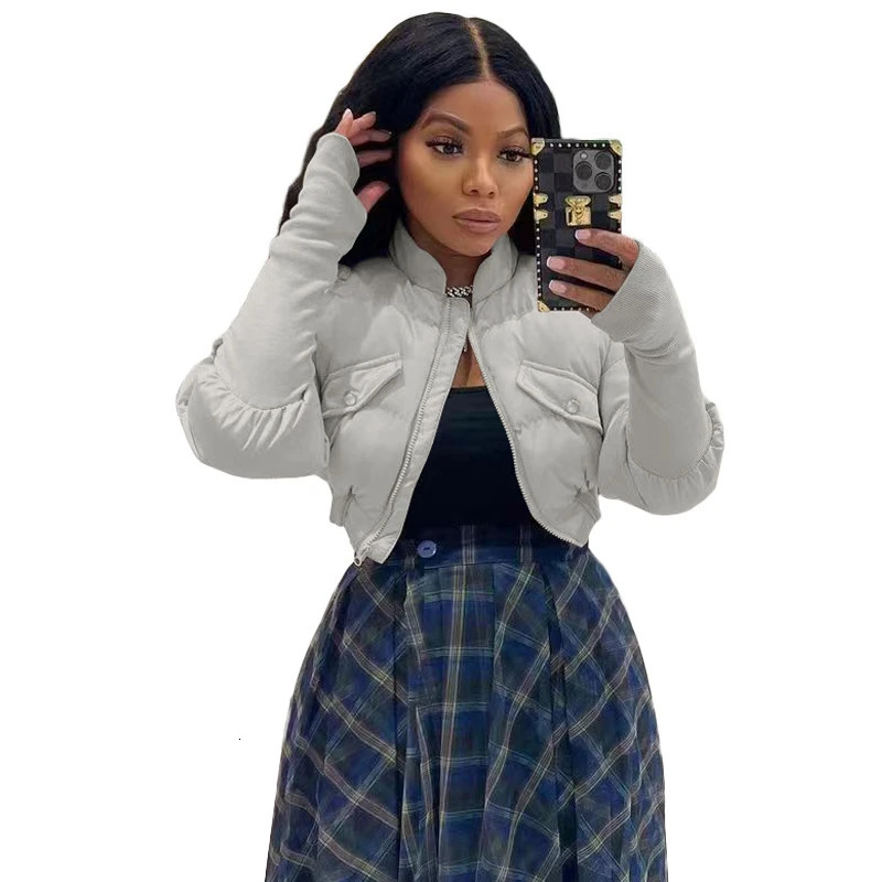 Gary Crop Puffer Jacket Womens Pink Zipper Vneck Long Sleeve Warm Short Parkas Coats Thin Light 241209