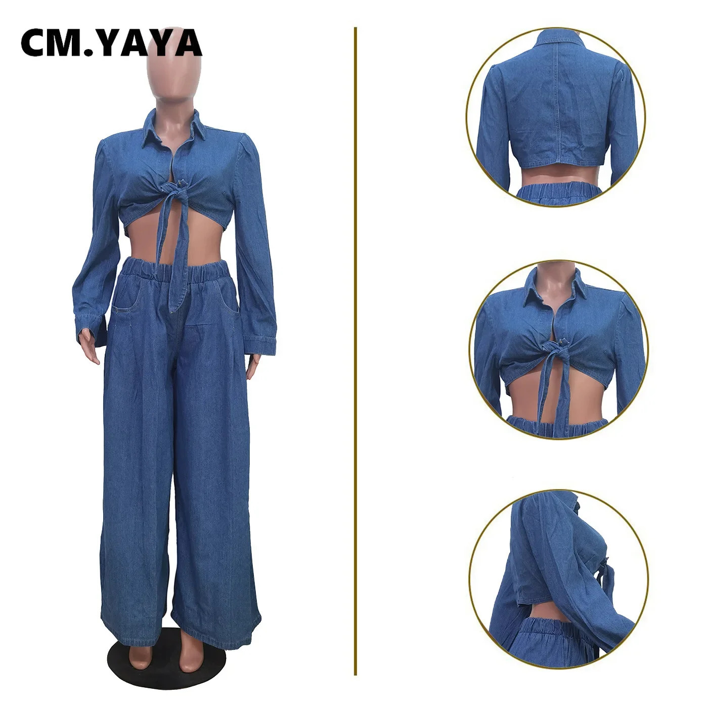 CM. YAYA denim womens suit tie long sleeved shirt and pocket loose jeans pants street two-piece set 241202