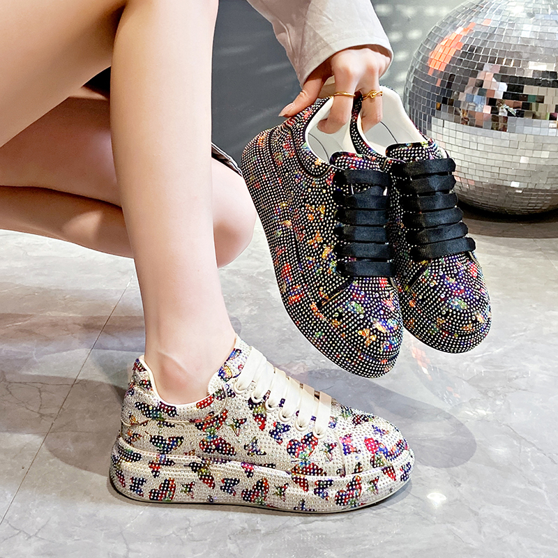 Women's Luxury Sports Shoes Hand drawn Butterfly Flat Shoes Lace up Water Diamond Fashion Designer Casual Shoes Zapatos Mujer Shiny outdoor walki