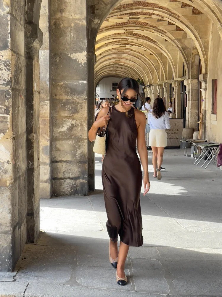 Casual Round Neck Off Shoulder Womens Maxi Dress Fashion Sleeveless Solid Color Long Dresses Lady High Streetwear Vestidos 241209