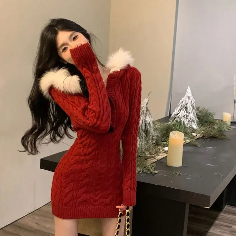 Winter Christmas Fashion Waist Weight Loss Long Sleeve Hoodie Knitted Red Dress Spicy Sexy Wrap Hip Mini Womens Wear 241206