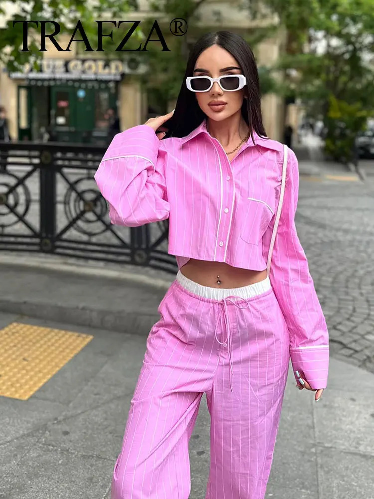 TRAFZA Women Sweet Pink Stripe Blouse Pant Sets Button Long Sleeve Cropped Shirt Patchwork Drawstring Straight Trousers TRAF 241209