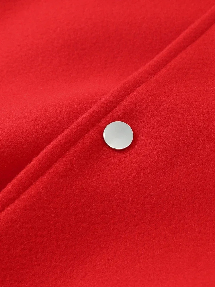 Casual Red Womens Coat Single Chest Long Sleeve O-Neck Pocket Womens Baseball Jacket Autumn Street Clothing Womens Coat 241206