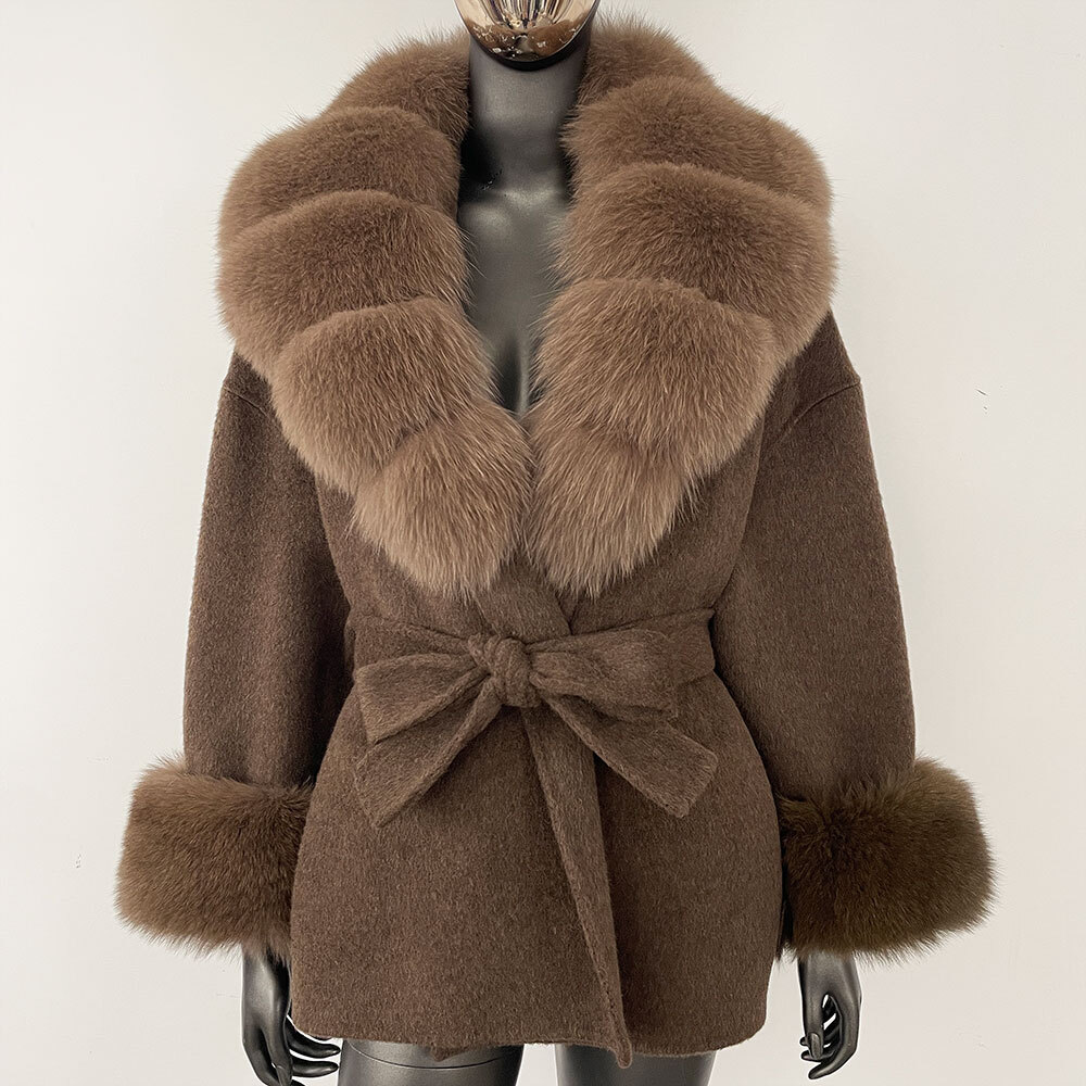 Belt Pocket Winter Jacket Natural Real Raccoon Fox Fur Blends Wool Coat Women Loose Casual Outerwear Streetwear