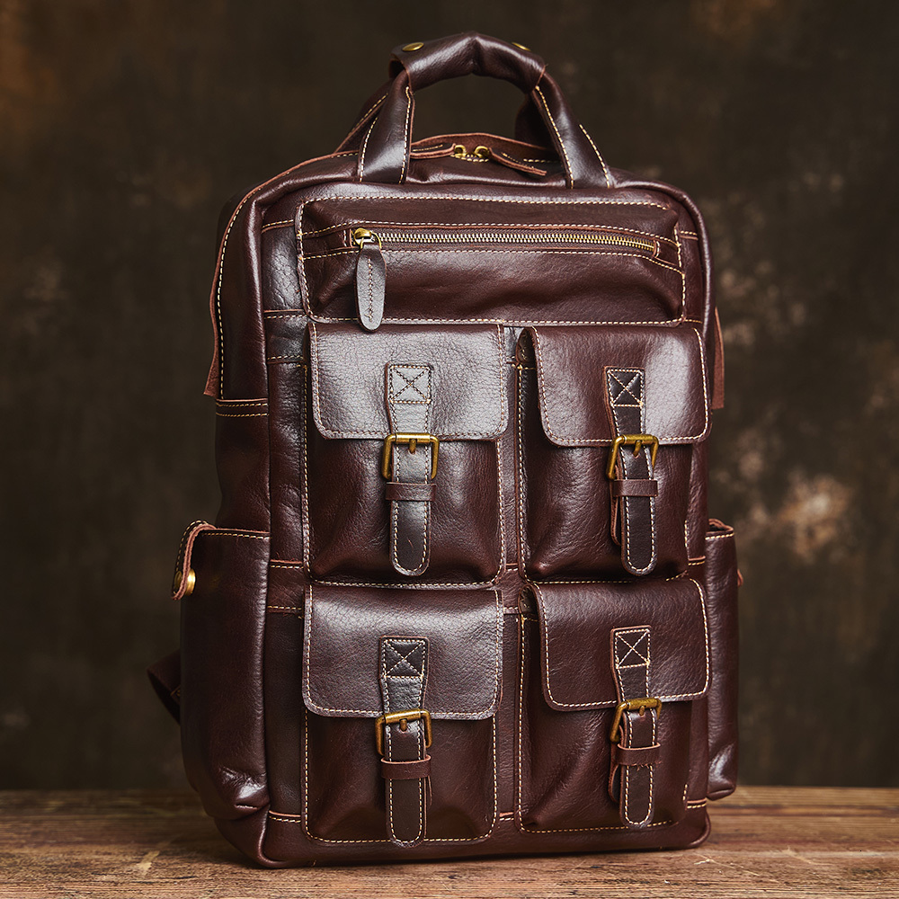 NUPUGOO Genuine Leather Men's Backpack Multi-Pocket Outdoor Travel Head Layer Cowhide Laptop Bag for 17-inch Laptops