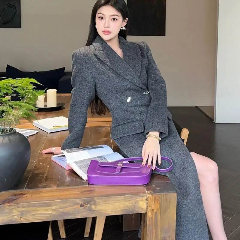 High end Hepburn style gray thick suit womens wool coat winter clothing coat commuting fashion long coat womens clothing 241204