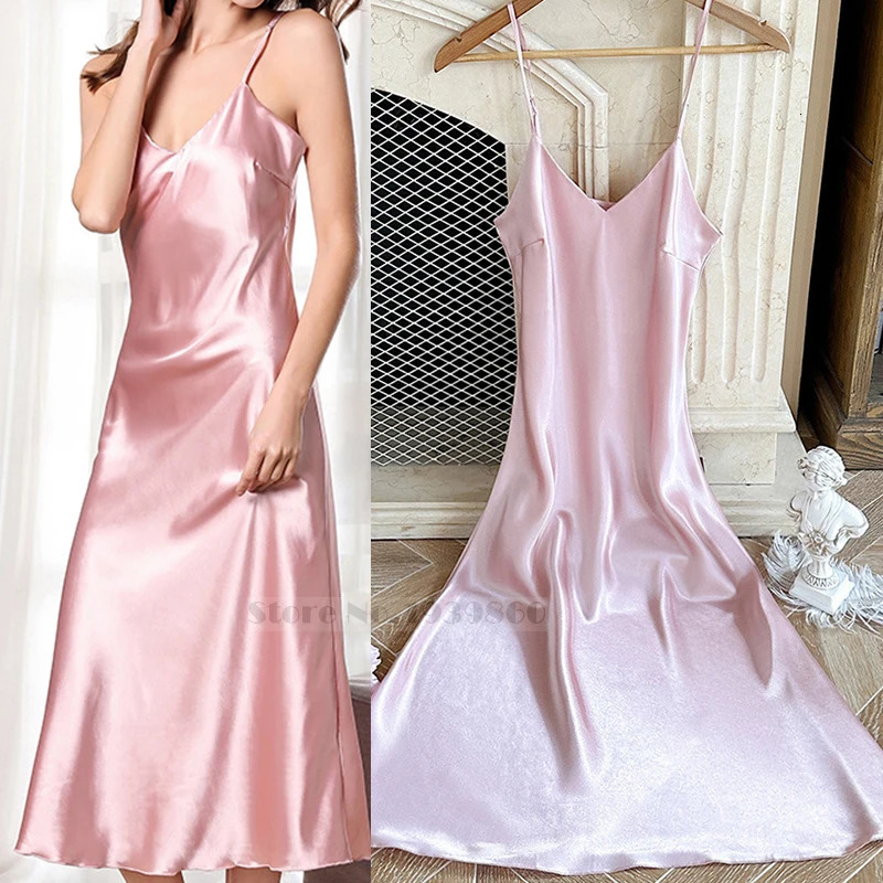Summer Suspender Long Nightgown Female Chemise Sleepwear Sexy Nightdress Nightwear Loose Satin Home Dressing Gown Lounge Wear 241209