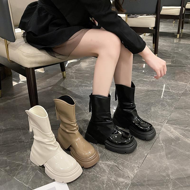 Women Boots:Patent Leather Popular Short Boots 2024 Winter Warm High-end Design Thick Sole Increase Height Retro Style,Black/White/Khaki,Free shipping
