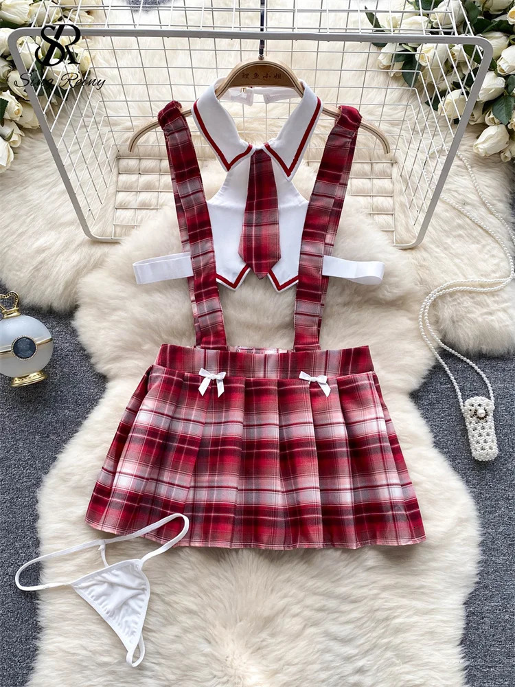 SINGREINY French Sexy JK Uniform Night Dress Hollow Out Tie Slim Nightwear Erotic Plaid Lingerie Women Pleated Pajamas Dresses 241209