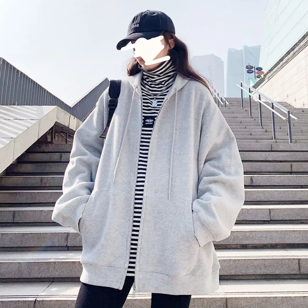 Womens solid hooded jacket Harajuku basic long sleeved spring and autumn loose zipper casual oversized sports shirt pocket jacket 241202