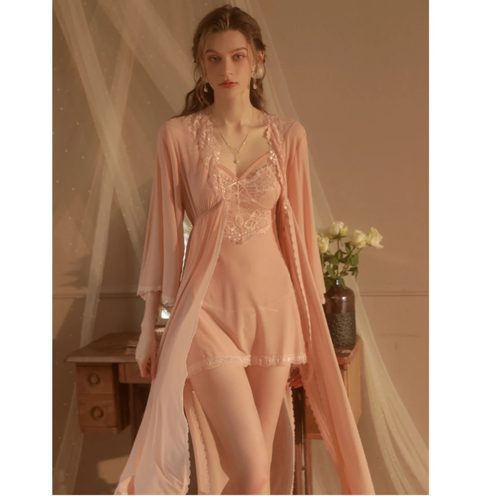 Womens Robe Fairy Nightwear Ice Silk Sling V-Neck Lace Lingerie Couple Fun Sexy Temptation Sleepwear Home Clothes Set 241209