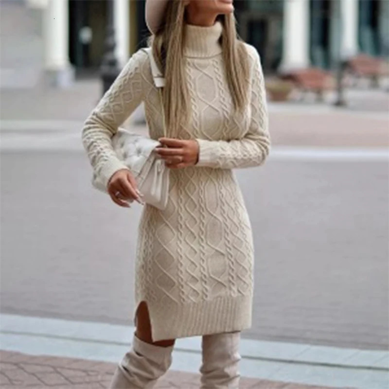 Warm Knitted Dress Womens High Collar Ultra Thin Solid Cotton Mini Dress Fashion Womens Basic Long Sleeve Winter Autumn Warm Dress 241206