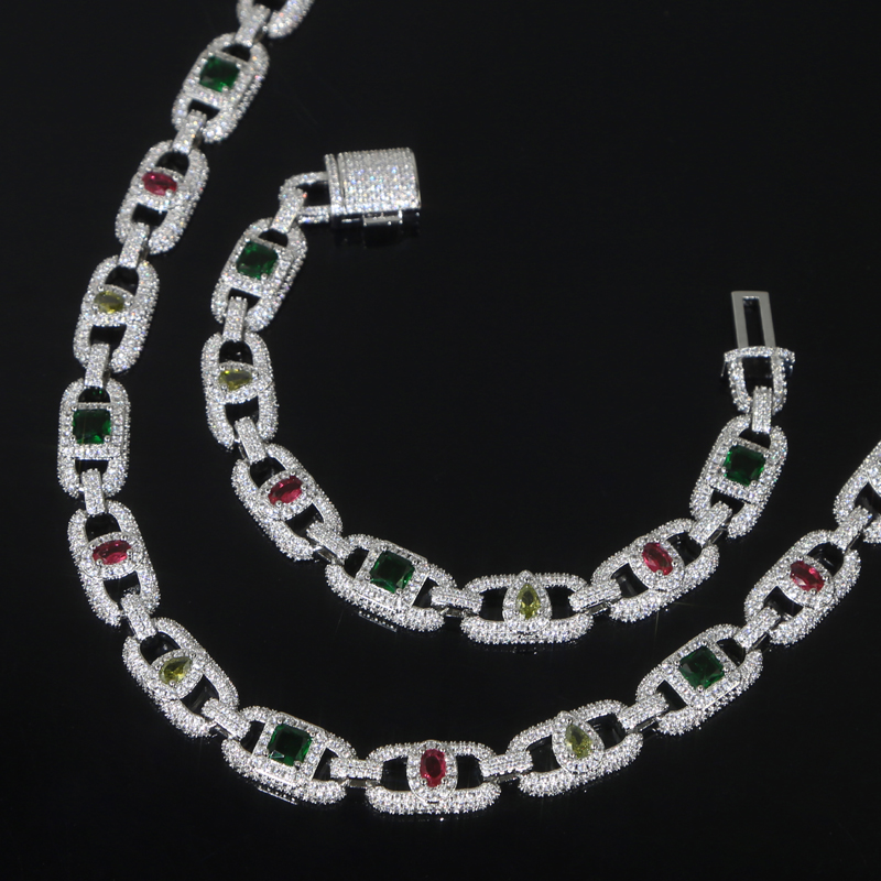 2025 Geometric Colorful Rainbow Cubic Zirconia 2025 New Hip Hop Men Jewelry Rectangle Cuban Link Chain Necklace