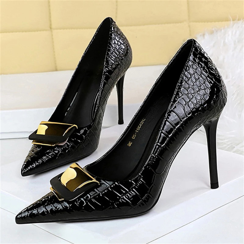 BIGTREE Metal Buckle Serpentine Patent Leather Women Pumps Stilettos High Heels Pointed Toe Party Shoes Zapatos Mujer 241209