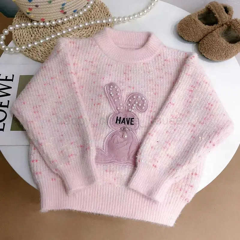 2024 Girl s Latest Pink Rabbit Childrens Fashionable And Cute Sweater Bead Rabbit Girl Sweater Girl KnitwearXJ241209