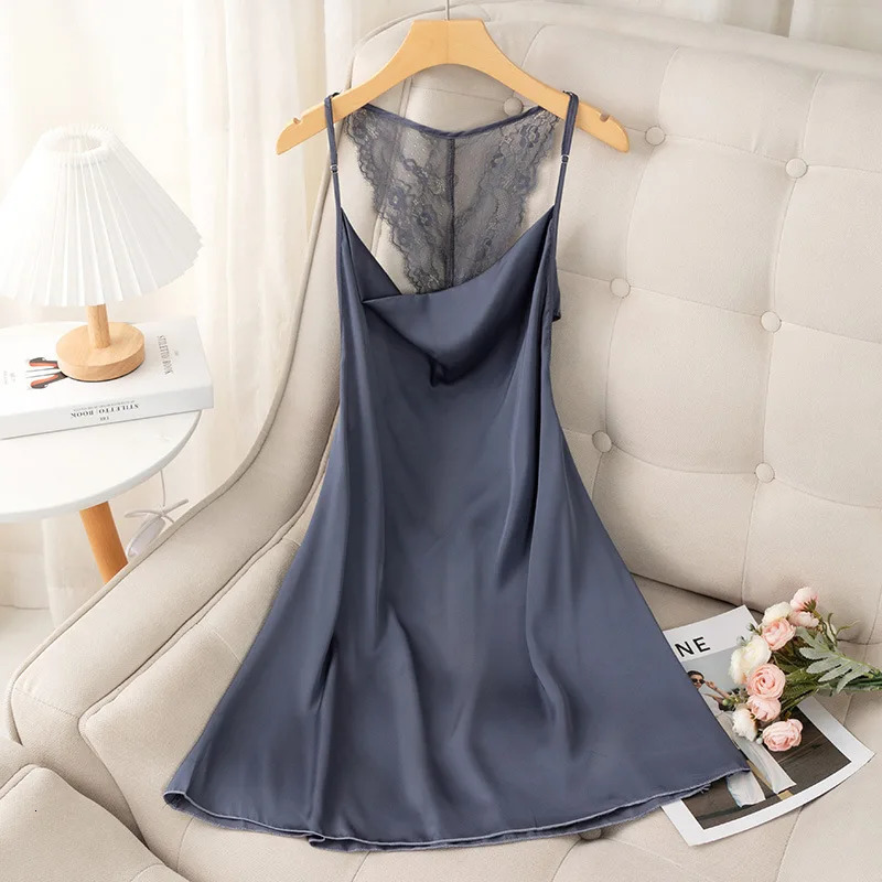 Suspender Nightgown Women Chemise Sleepwear Nightdress Sexy Lace Backless Nightwear Dressing Gown Satin Home Wear Loungewear 241209