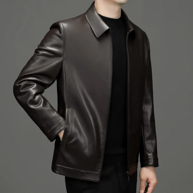 Leather jacket mens lapel stand round neck slim fit suitable for solid color windproof machine automatic trend motorcycle set hand 241209