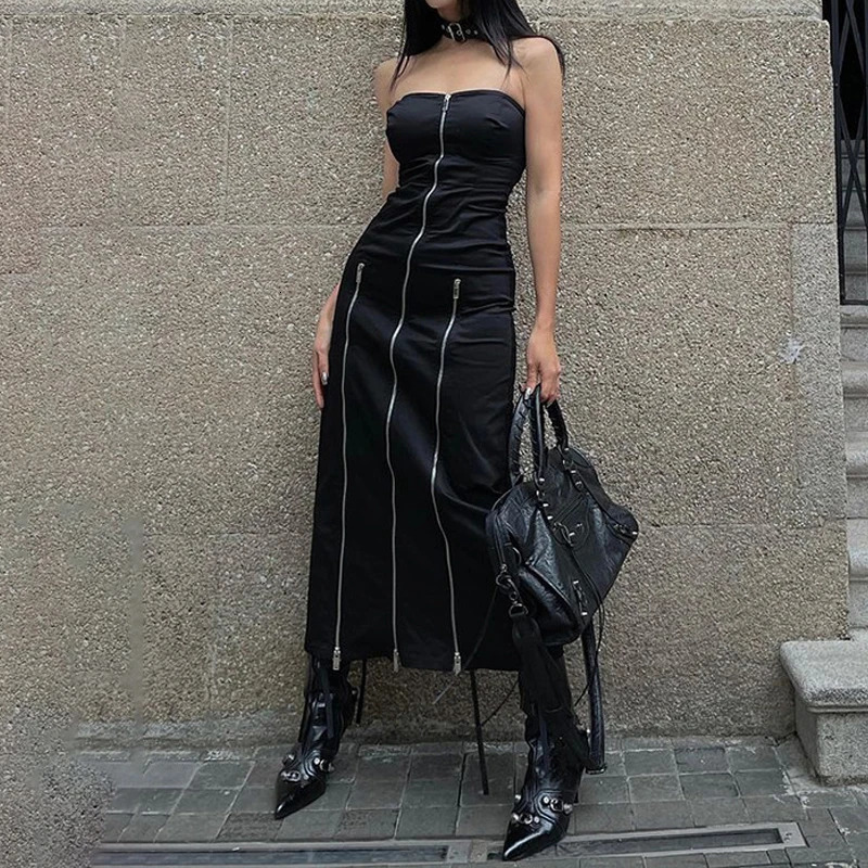 Goth Dark Techwear Fashion Zipper Midi Dress Cyber Y2k Shopping Center Gothic Split Womens Pipe Dress Party Clothing Punk Shoulder Set 241205