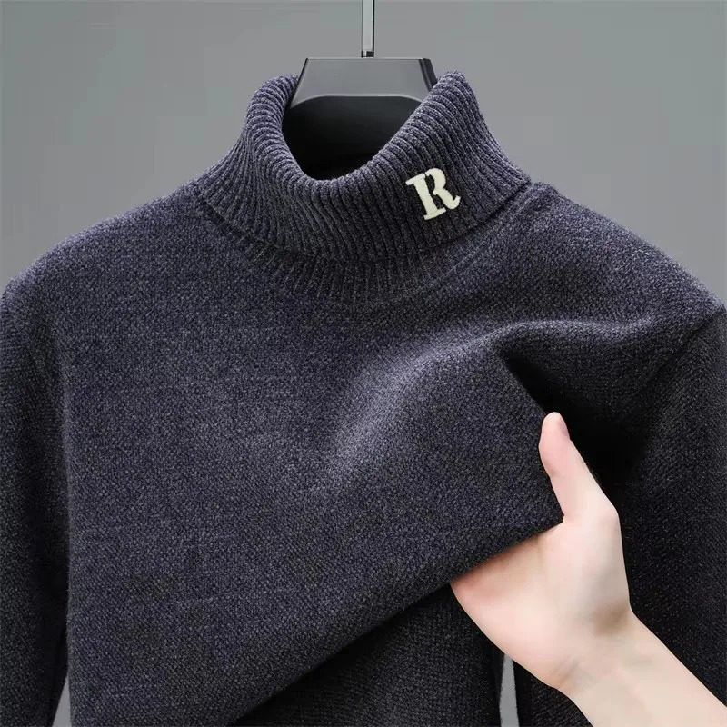 High end mens knitted sweater winter item exquisite letter embroidery plush thick Korean style high neck pull-out 241205