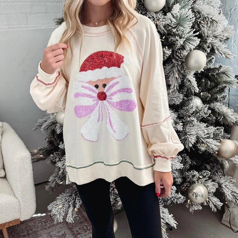 Fashion O-neck Color Blocking Blouses Elegant Christmas Printed Loose Pullover Hoodie Women Causal Long Sleeve Sweatshirt Tops 241209
