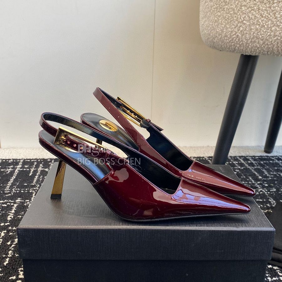 Top de qualité pointues Patent Cuir chaton talons de sandale Slingback Chaussures Pumps Stiletto Talons Vobes Chaussures Mid Heel Luxury Designer