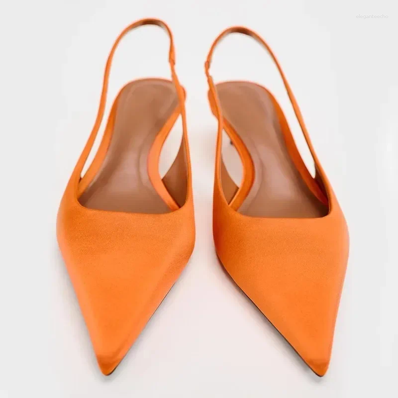 2025 S Fashion Designer Sandals Summer High Heels Woman Pointed Elegant Office Sgbacks Stiletto Orange Silk Dress Lady Party Shoes