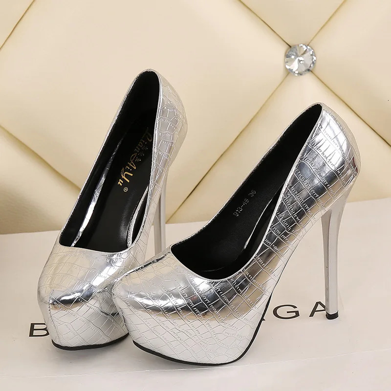 High Heels Platform Party Women Shoes Black Silver Metal Embossed Plaid Leather Sexy Stiletto Pointy Toe Dress Female Pumps 241209