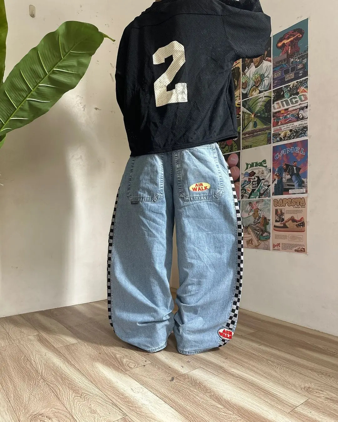 American Vintage Racing Check Flag Stripe Pattern Embroidered Jeans Mens Loose Straight Harajuku Y2K Style Skateboarding Pants 241206