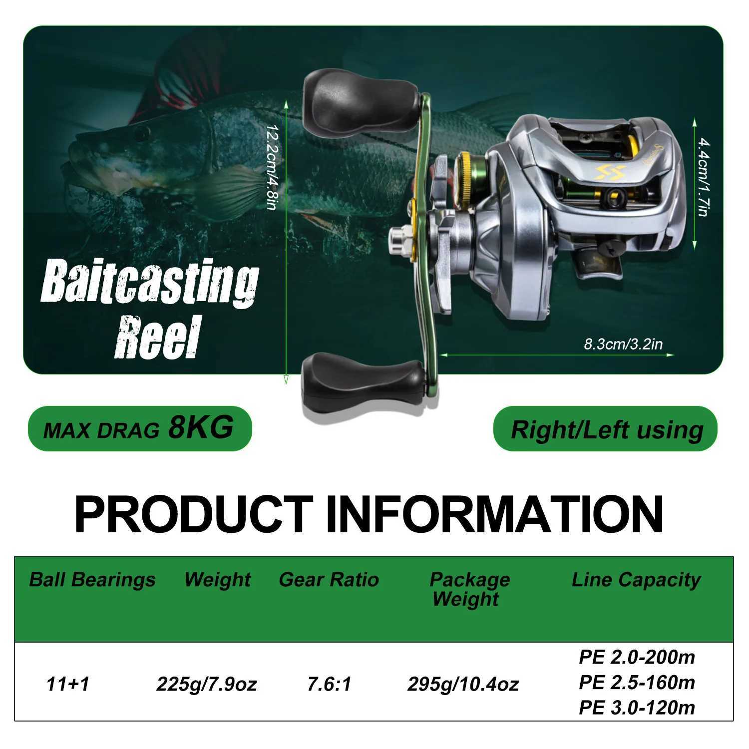 Sougayilang Baitcasting Reel 8KG Max Drag 11+1 Bearing 7.6 Gear Ratio Braking Syst Fishing Reel Baitcaster Reel PescaXJ241209