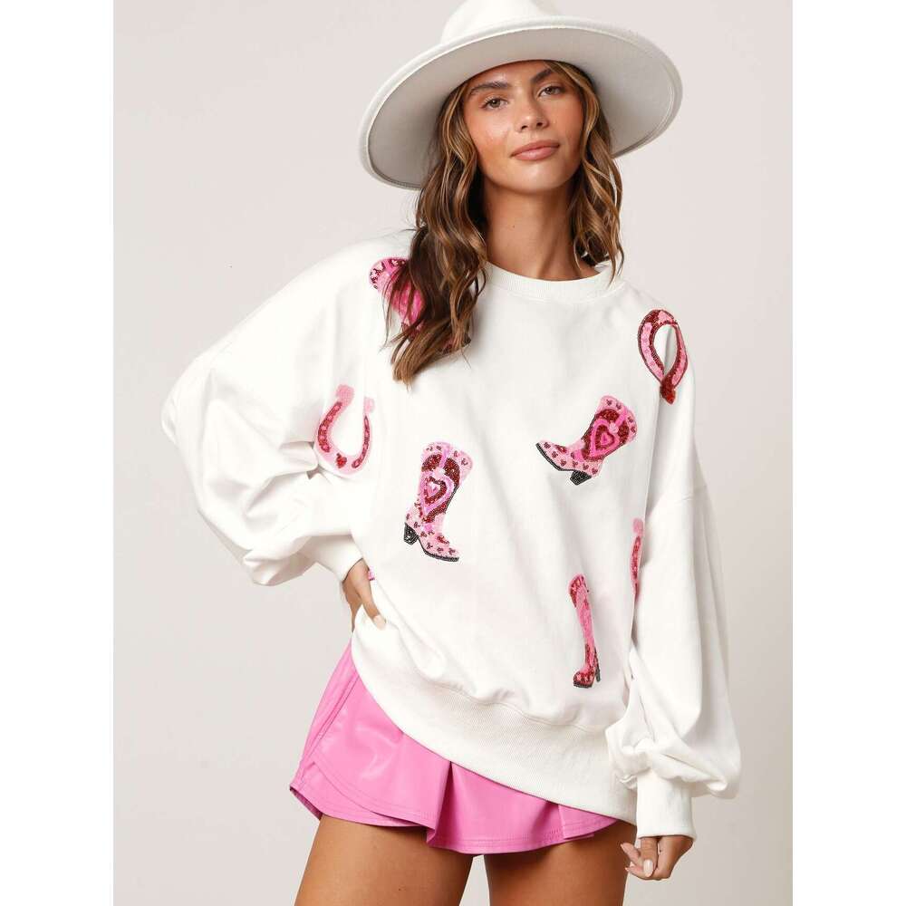 Spring New European And American Sequined Boots Color Blocked Versatile Top Long Sleeved Sweatshirt For Women, Fashionable Quality Classic B3