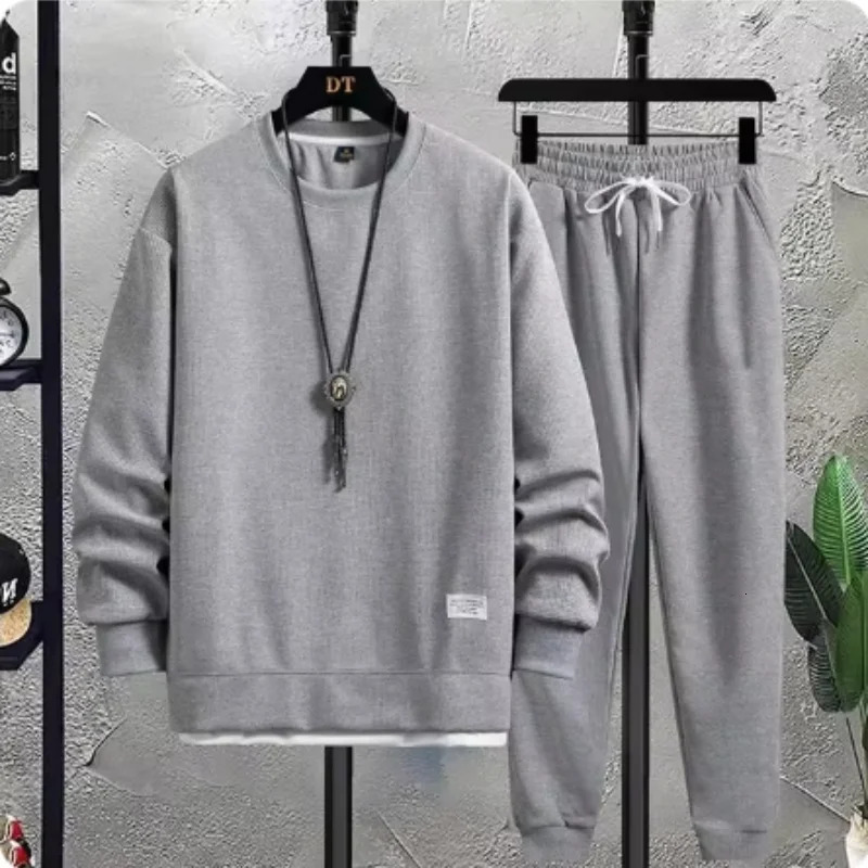 2024Autumn mens Waffle suit casual handsome sports long sleeved pants two-piece set fashion set 241209