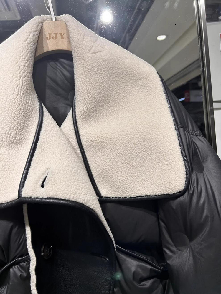 Winter Patchwork PU Leather Loose Parkas Lapel Women's Jackets White Duck Down Casual Coat Female Puffer Jacket