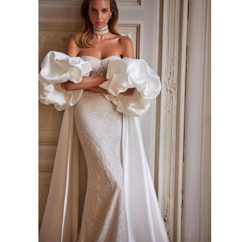 Classic Wedding Dress Strapless Sleeveless Gown Sequins With Jacket Sweep Train Dresses Custom Made Vestido De Novia
