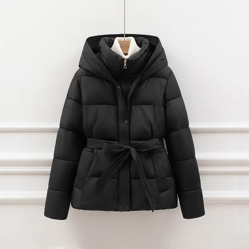 High end down jacket womens 2025 winter Parkas fashionable lace waist slim fit hooded cotton coat T665 241209