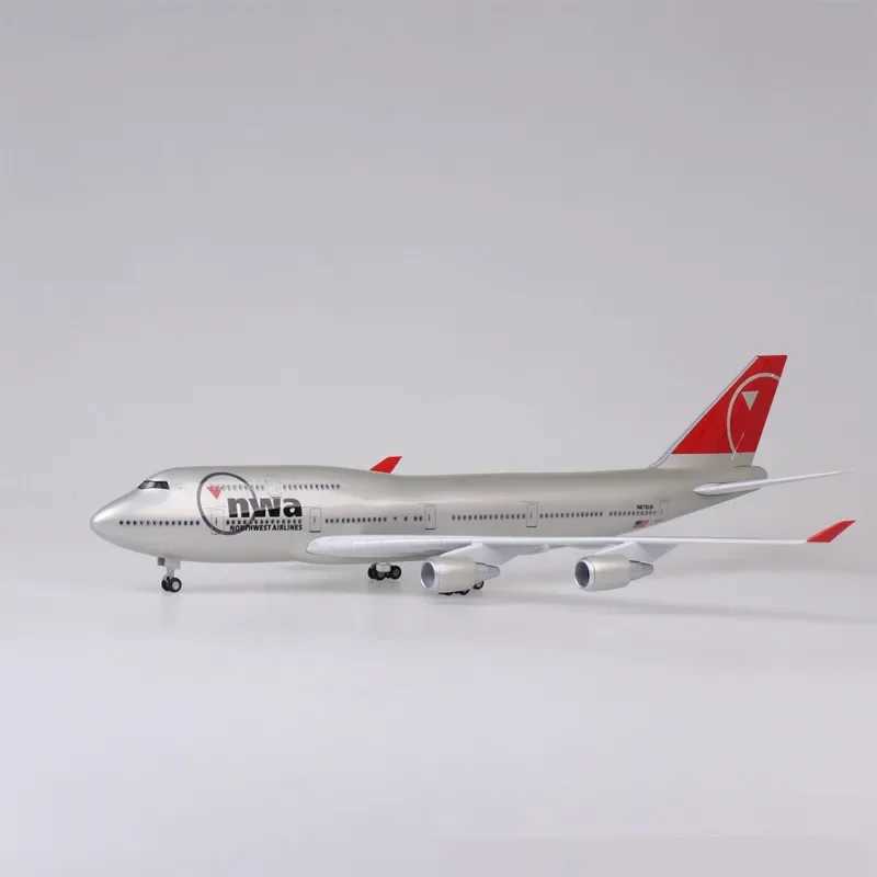 47CM 1 150 scale die-casting model Northwest Airlines Boeing 747 resin aircraft Airbus with lights and wheels toy collection display X241209