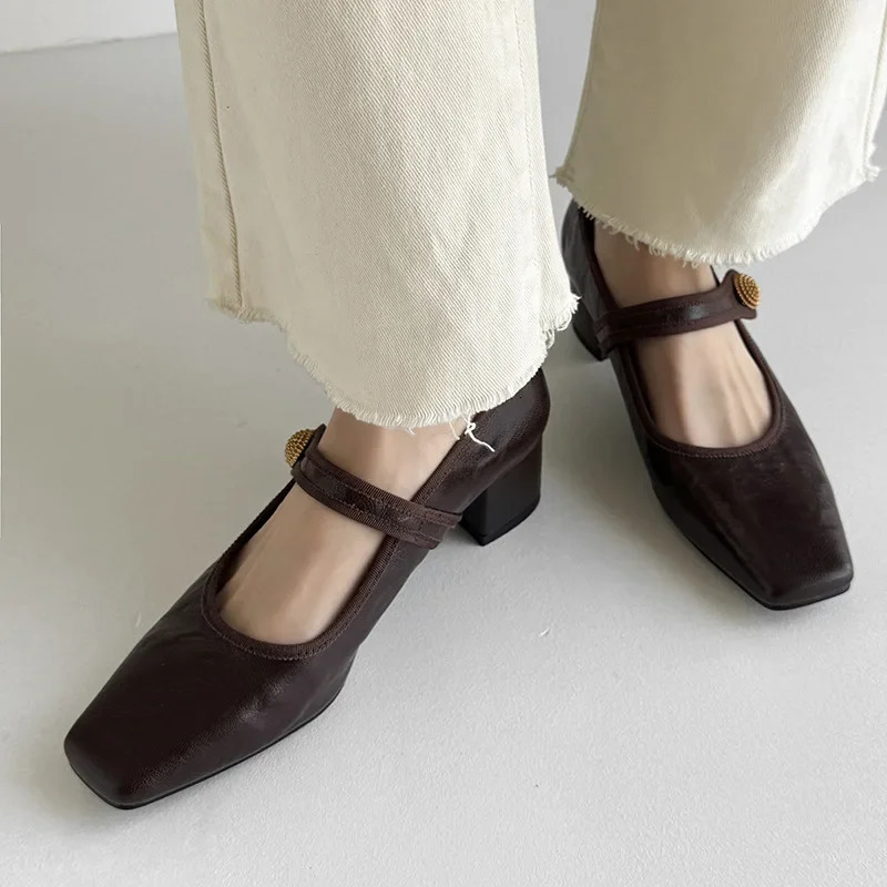 Spring High -heeled Shoes Female Dwarf Retro Dress Shoes Fashionable Square Toe Shallow Mouthpiece 241209