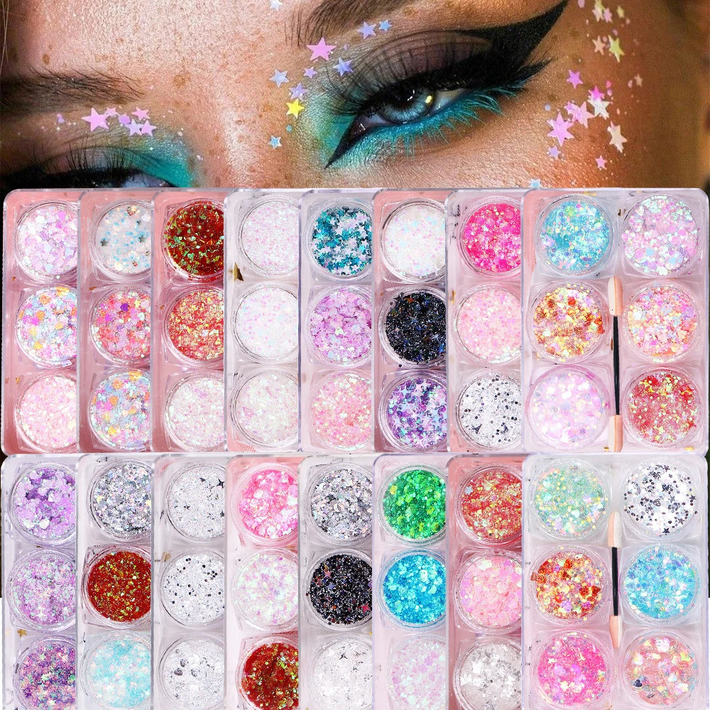 6 jarsset Eyeshadow Glitter Gel Cream Face Hair Body Nail Glitter Gel Heart Star Moon Loose Sequins Festival Makeup Decorations 241209