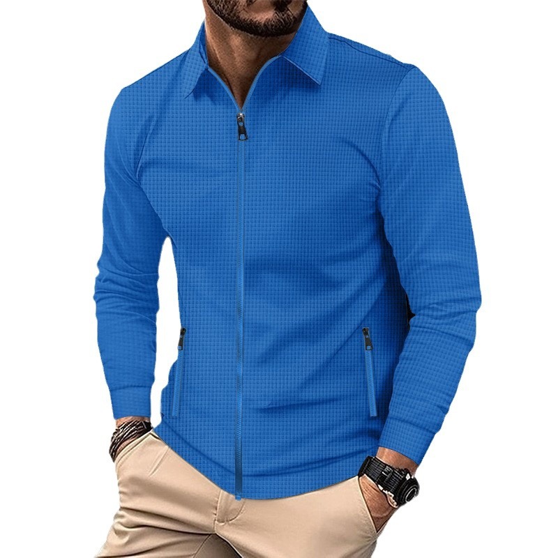 M11224 Men's autumn new waffle solid color zipper pocket long sleeve jacket