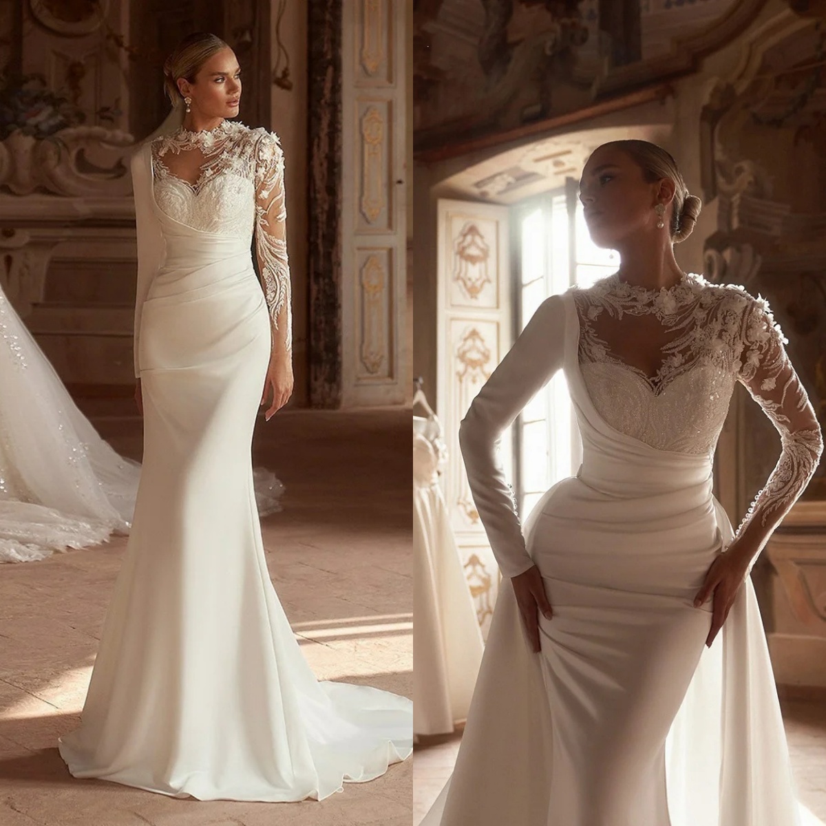 Elegant Mermaid Dresses Lace Appliques O-Neck Long Sleeves BOHO Detachable Train Wedding Bridal Gown Customized Vestidos De Novia