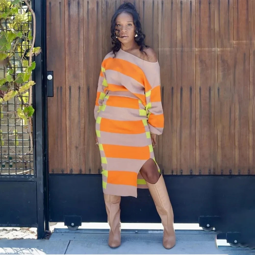 2025 Womens Long Sleeve Striped In Dress Sets Spring Autumn Fashion 2 Piece Set Outfit Skirts Suit Casual 241202