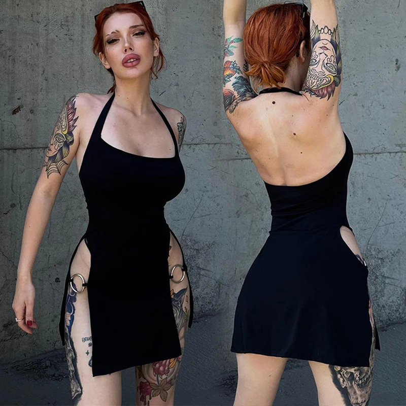 Y2K Girls Fashion Sexy Black Sleeveless Halter Womens Dresses Club Party Backless Metal Buckle Night Dress Women Sleepwear 241209