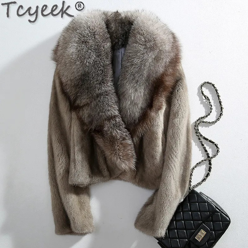Tcyeek natural mink coat womens fur leather jacket full mink winter womens short real fur coat warm fox fur collar 241202