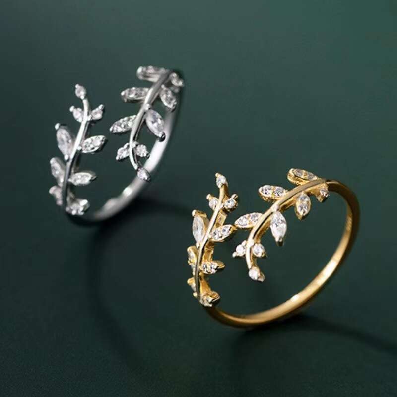 New hot selling diamond inlaid bud ring, niche design, tree branch leaf opening ring accessory